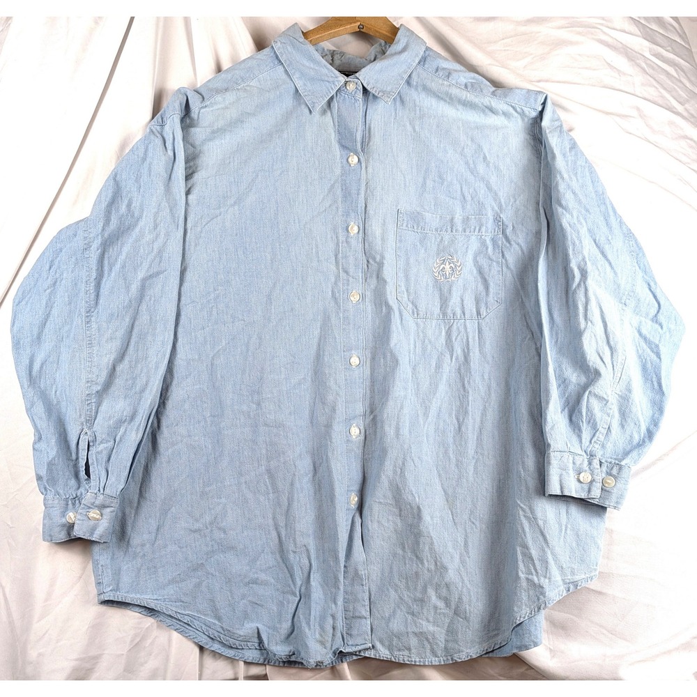 Vintage Plus 22W Denim Chambray Button Down Work Shirt Light Wash Cotton Crest